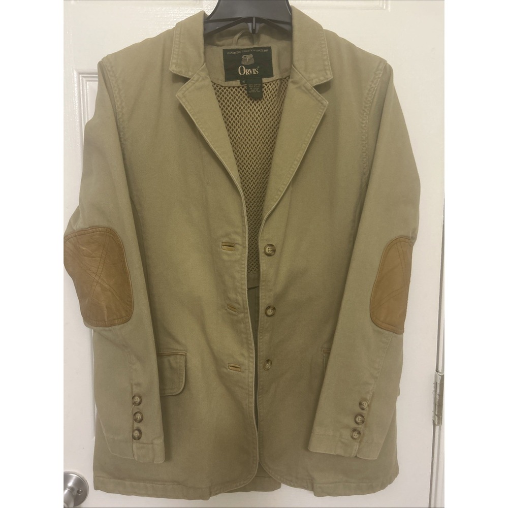 Orvis Women's Beige Safari Sport Blazer Jacket S Leather Trim Elbow Patches Vtg